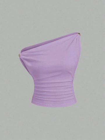 Solid Color Pleated Design Asymmetrical Neck Versatile Blouse With Gold Decoration