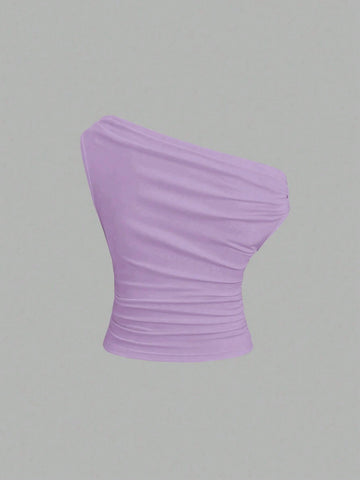 Solid Color Pleated Design Asymmetrical Neck Versatile Blouse With Gold Decoration
