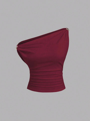 Solid Color Pleated Design Asymmetrical Neck Versatile Blouse With Gold Decoration