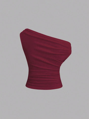 Solid Color Pleated Design Asymmetrical Neck Versatile Blouse With Gold Decoration
