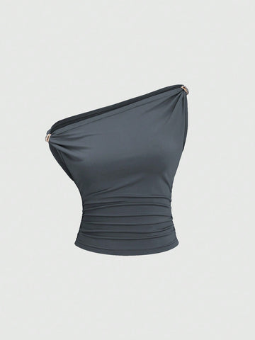 Solid Color Pleated Design Asymmetrical Neck Versatile Blouse With Gold Decoration