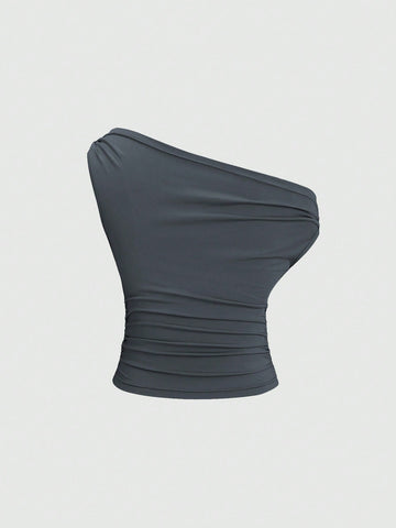 Solid Color Pleated Design Asymmetrical Neck Versatile Blouse With Gold Decoration