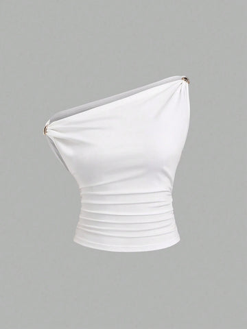 Solid Color Pleated Design Asymmetrical Neck Versatile Blouse With Gold Decoration