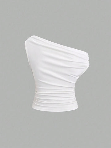 Solid Color Pleated Design Asymmetrical Neck Versatile Blouse With Gold Decoration