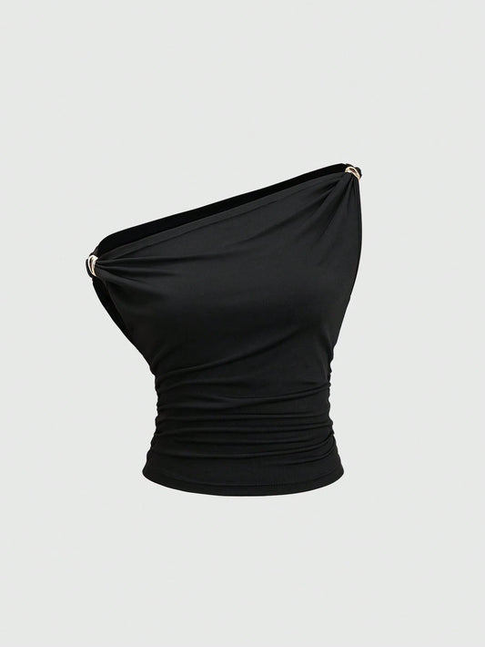 Solid Color Pleated Design Asymmetrical Neck Versatile Blouse With Gold Decoration