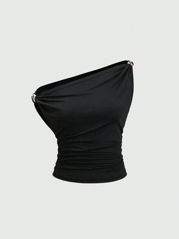 Solid Color Pleated Design Asymmetrical Neck Versatile Blouse With Gold Decoration