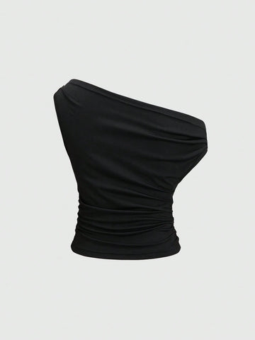 Solid Color Pleated Design Asymmetrical Neck Versatile Blouse With Gold Decoration