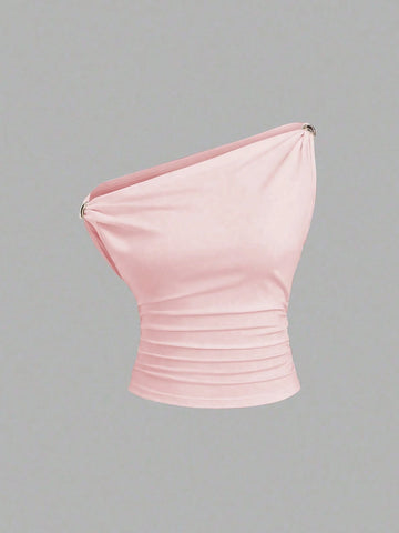 Solid Color Pleated Design Asymmetrical Neck Versatile Blouse With Gold Decoration