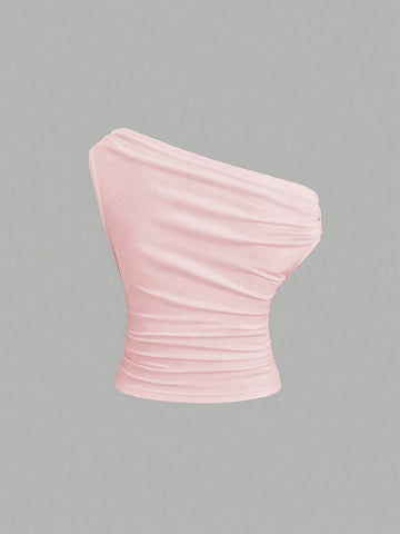 Solid Color Pleated Design Asymmetrical Neck Versatile Blouse With Gold Decoration