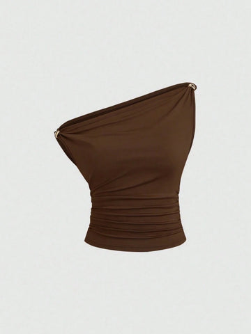 Solid Color Pleated Design Asymmetrical Neck Versatile Blouse With Gold Decoration