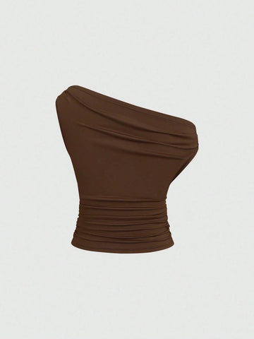 Solid Color Pleated Design Asymmetrical Neck Versatile Blouse With Gold Decoration