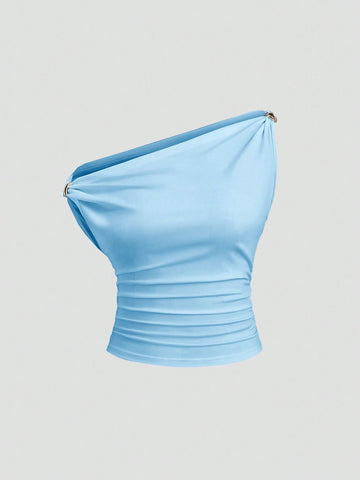 Solid Color Pleated Design Asymmetrical Neck Versatile Blouse With Gold Decoration