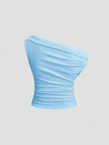 Solid Color Pleated Design Asymmetrical Neck Versatile Blouse With Gold Decoration