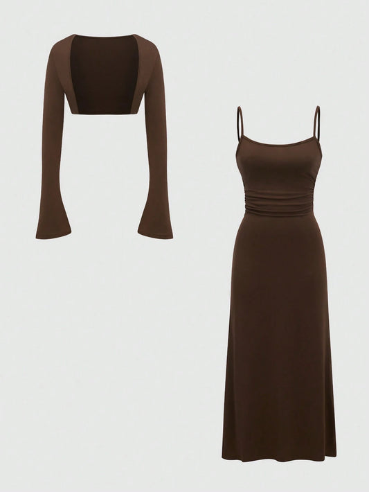 Sweetra Women's Solid Color Casual Two-Piece Set