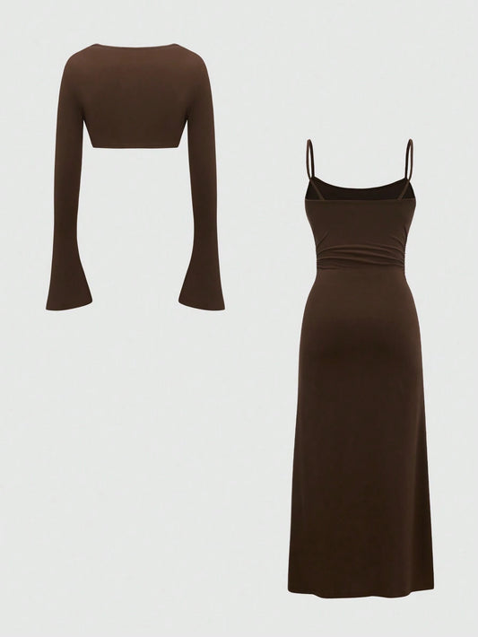 Sweetra Women's Solid Color Casual Two-Piece Set
