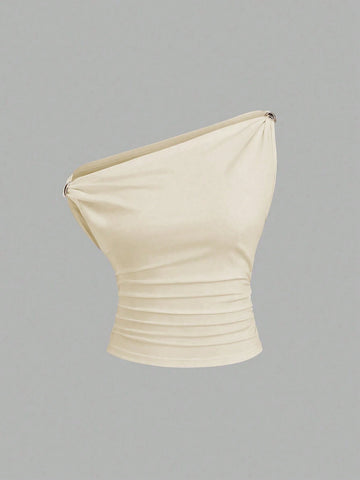 Solid Color Pleated Design Asymmetrical Neck Versatile Blouse With Gold Decoration