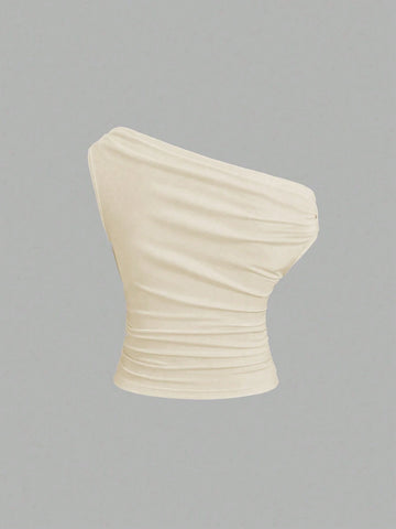 Solid Color Pleated Design Asymmetrical Neck Versatile Blouse With Gold Decoration
