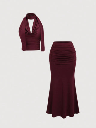 Women's Vintage Draped Neck Backless Top & Fishtail Bodycon Skirt
