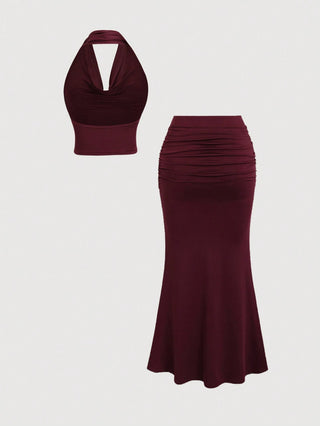 Women's Vintage Draped Neck Backless Top & Fishtail Bodycon Skirt