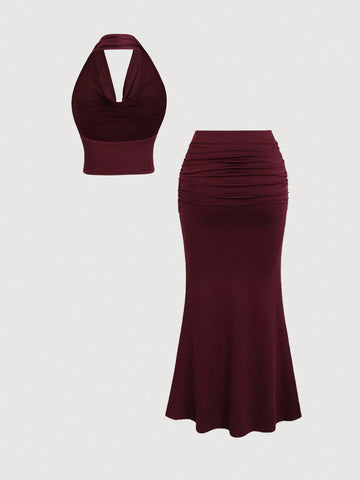 Women's Vintage Draped Neck Backless Top & Fishtail Bodycon Skirt