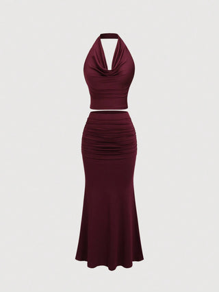 Women's Vintage Draped Neck Backless Top & Fishtail Bodycon Skirt