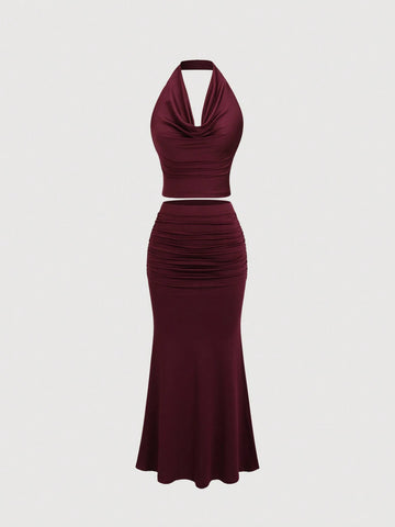 Women's Vintage Draped Neck Backless Top & Fishtail Bodycon Skirt