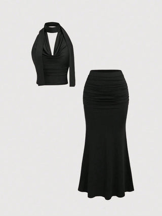 Women's Vintage Draped Neck Backless Top & Fishtail Bodycon Skirt