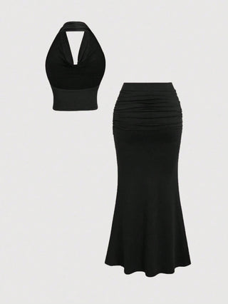 Women's Vintage Draped Neck Backless Top & Fishtail Bodycon Skirt
