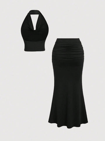 Women's Vintage Draped Neck Backless Top & Fishtail Bodycon Skirt