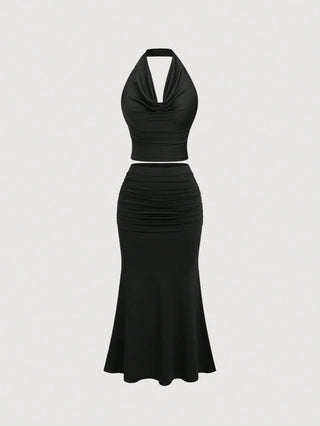 Women's Vintage Draped Neck Backless Top & Fishtail Bodycon Skirt