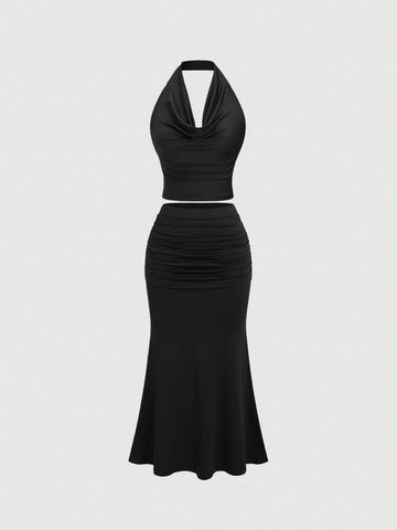 Women's Vintage Draped Neck Backless Top & Fishtail Bodycon Skirt