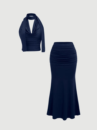 Women's Vintage Draped Neck Backless Top & Fishtail Bodycon Skirt