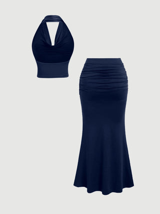 Women's Vintage Draped Neck Backless Top & Fishtail Bodycon Skirt