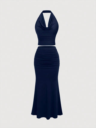 Women's Vintage Draped Neck Backless Top & Fishtail Bodycon Skirt