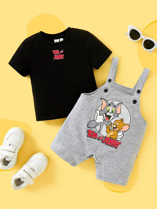 Baby Boy Cartoon Print Black Casual T-Shirt & Gray Cute Suspender Romper Set