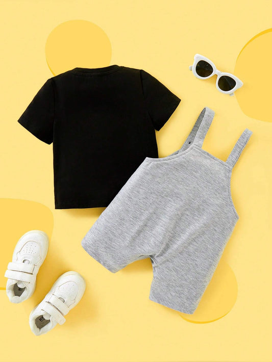 Baby Boy Cartoon Print Black Casual T-Shirt & Gray Cute Suspender Romper Set