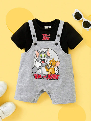 Baby Boy Cartoon Print Black Casual T-Shirt & Gray Cute Suspender Romper Set