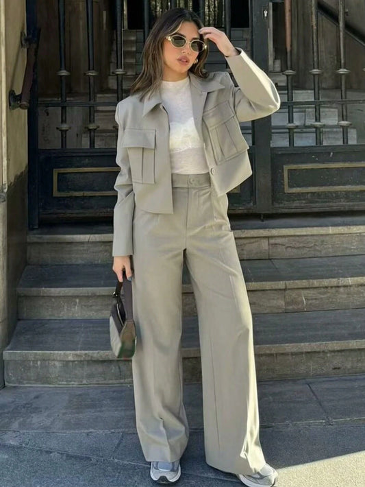 Women Simple Short Jacket Coat Casual Pants Suit