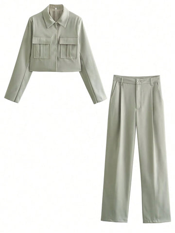 Women Simple Short Jacket Coat Casual Pants Suit