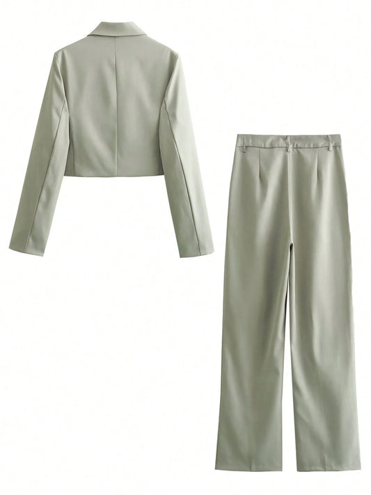 Women Simple Short Jacket Coat Casual Pants Suit