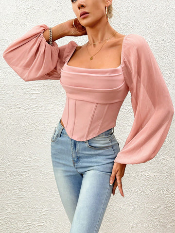 Tall Square Neck Lantern Sleeve Asymmetrical Hem Blouse