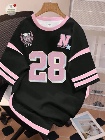 Vintage Letter & Number Badge Motif Mesh Knit Oversized T-Shirt