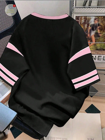 Vintage Letter & Number Badge Motif Mesh Knit Oversized T-Shirt