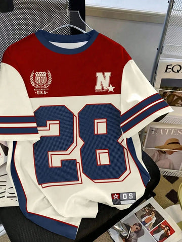 Vintage Letter & Number Badge Motif Mesh Knit Oversized T-Shirt