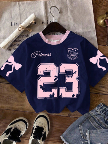Vintage Letter & Number Badge Motif Mesh Knit Oversized T-Shirt