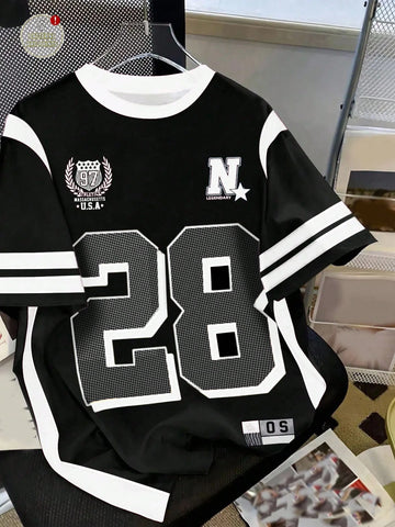Vintage Letter & Number Badge Motif Mesh Knit Oversized T-Shirt