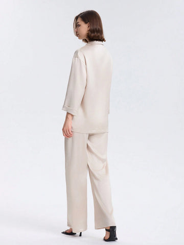 Textured Loose Solid Double Breasted Blazer Jacket And Pants Suit With Pockets