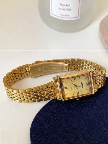 Square Casual Simple Atmosphere Steel Strap Gold Dial