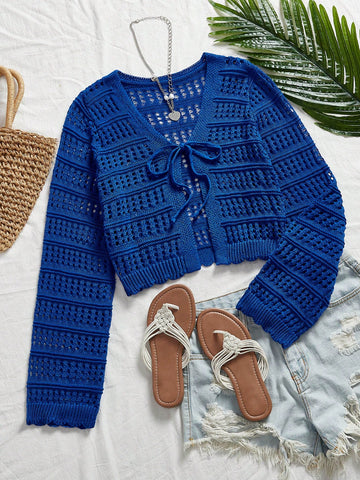 Women's Casual Solid Color Textured Hollow Out Knit Cardigan