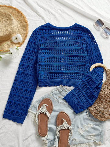 Women's Casual Solid Color Textured Hollow Out Knit Cardigan